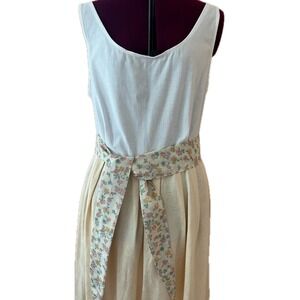 Upcycled Sleeveless Midi Dress Cream Jacquard Skirt Floral Sash Cottagecore Sz M